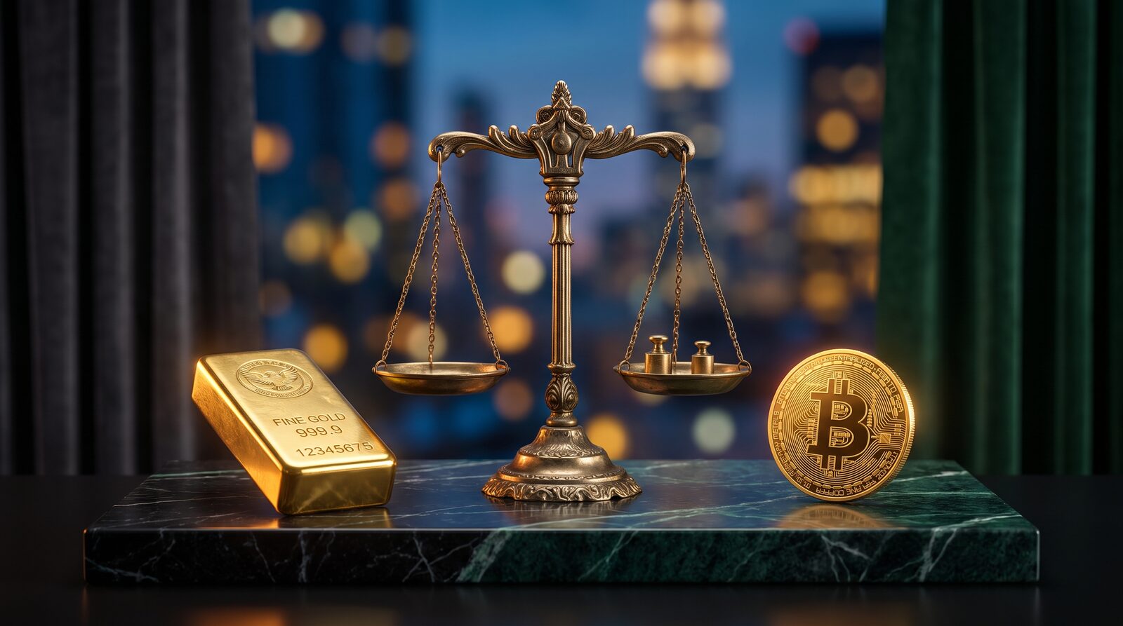 سبيكة ذهب وعملة بيتكوين وميزان بينهما